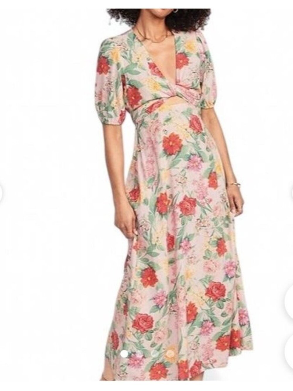 Old Navy XL Floral Linen Blend Maxi Dress Pink Cutout Tie Back Puff Sleeve